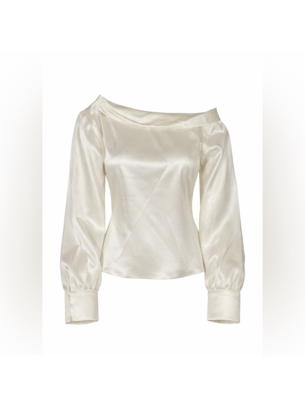 Beige Botany Cream Satin One Shoulder Blouse Long Sleeve Medium - Picture 2 of 4